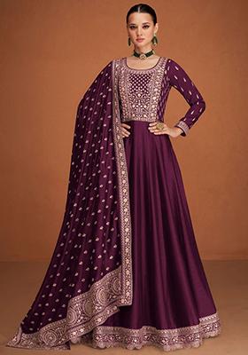 Dark Purple Sequin Embroidered Silk Anarkali Set