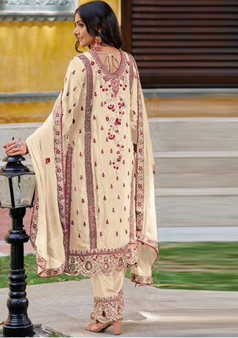 Cream Mirror Embroidered Pure Chinon Kurta Set