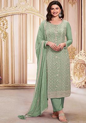 Pista Green Sequin Embroidered Faux Georgette Kurta Set