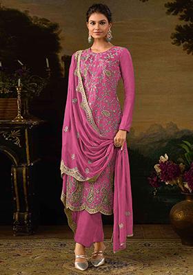 Pink Sequin Embroidered Dola Silk Kurta Set