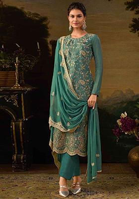 Blue Sequin Embroidered Dola Silk Kurta Set