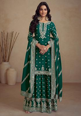 Teal Green Sequin Embroidered Silk Kurta Set