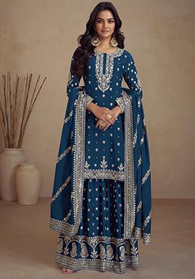 Teal Blue Sequin Embroidered Silk Kurta Set