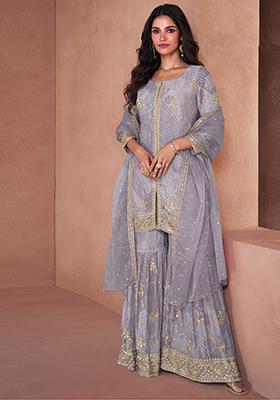 Grey Sequin Embroidered Faux Georgette Sharara Set