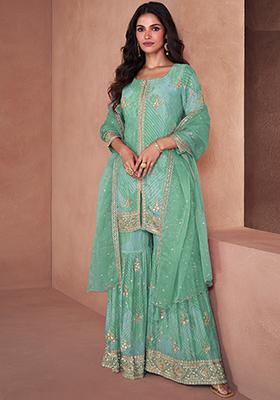 Mint Green Sequin Embroidered Faux Georgette Sharara Set