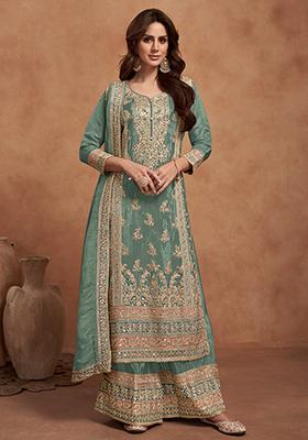 Sea Green Sequin Embroidered Vichitra Kurta Set