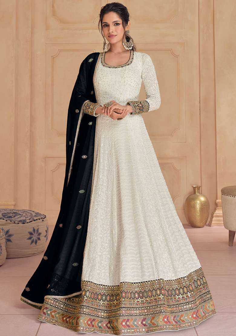 White Embroidered Faux Blooming Anarkali Set - Indya
