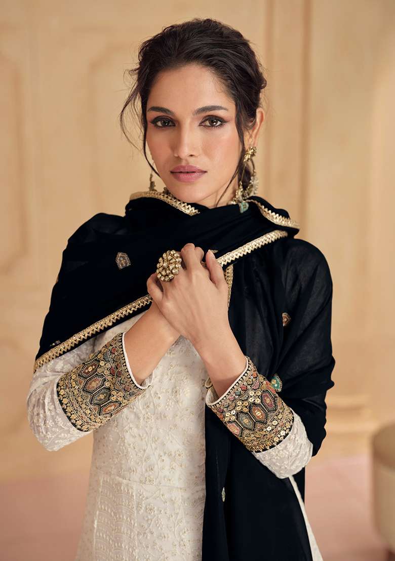 White Embroidered Faux Blooming Anarkali Set - Indya