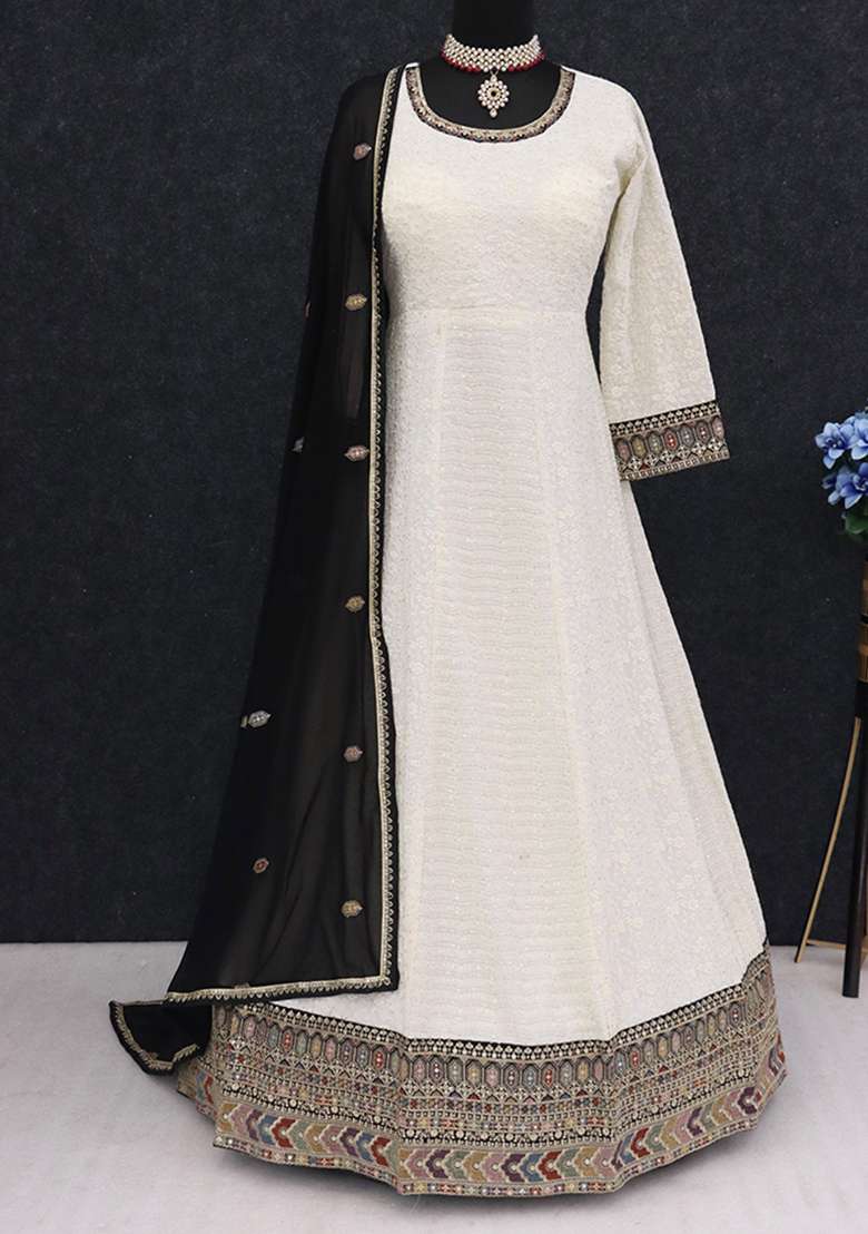 White Embroidered Faux Blooming Anarkali Set - Indya