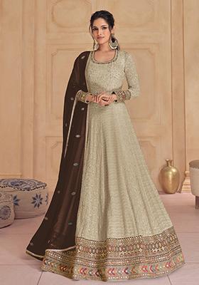 Beige Sequin Embroidered Faux Georgette Anarkali Set