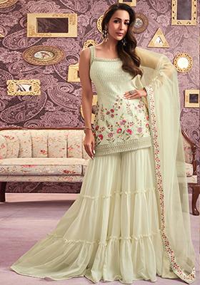 Cream Sequin Embroidered Faux Georgette Sharara Set