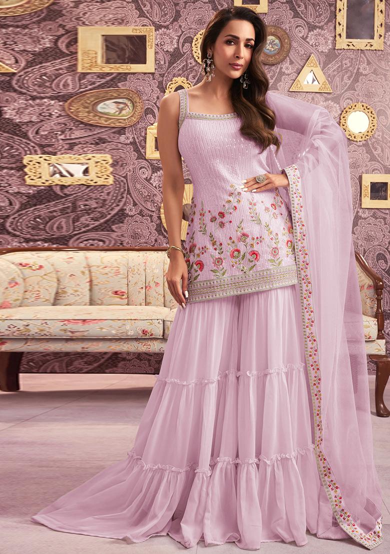Pink Resham & Sequin Embellished Georgette Kurta Sharara Set