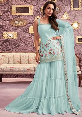 Sky Blue Sequin Embroidered Faux Georgette Sharara Set