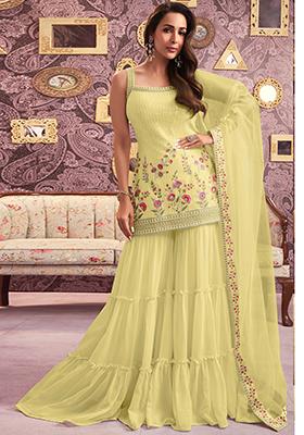 Yellow Sequin Embroidered Faux Georgette Sharara Set