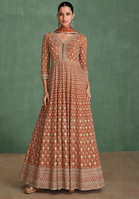 Orange Thread Sequin Embroidered Georgette Anarkali Set