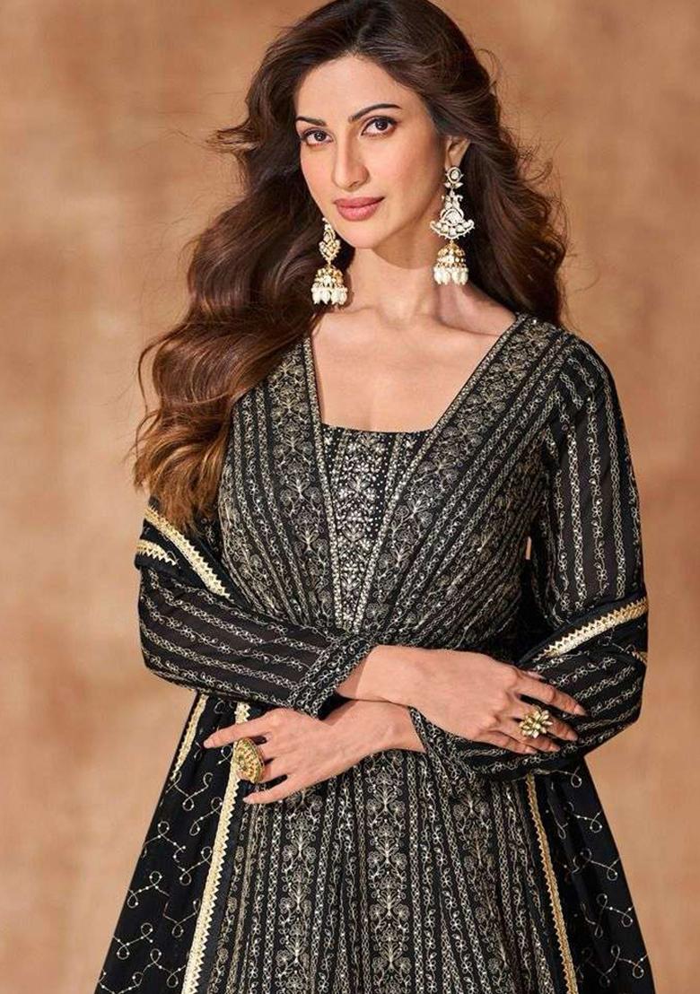 Black Thread Sequin Embroidered Georgette Anarkali Set