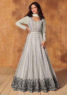 White Thread Sequin Embroidered Georgette Anarkali Set