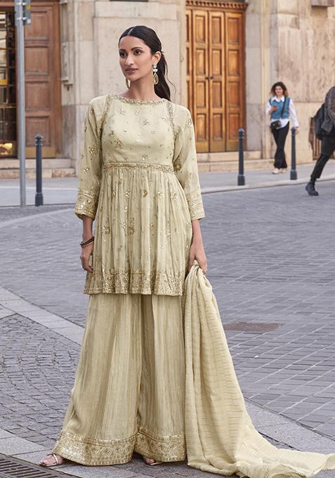 Kipsy🔱 | Elegant Black Ruffle Sharara Set with Silver Neck Embroidery