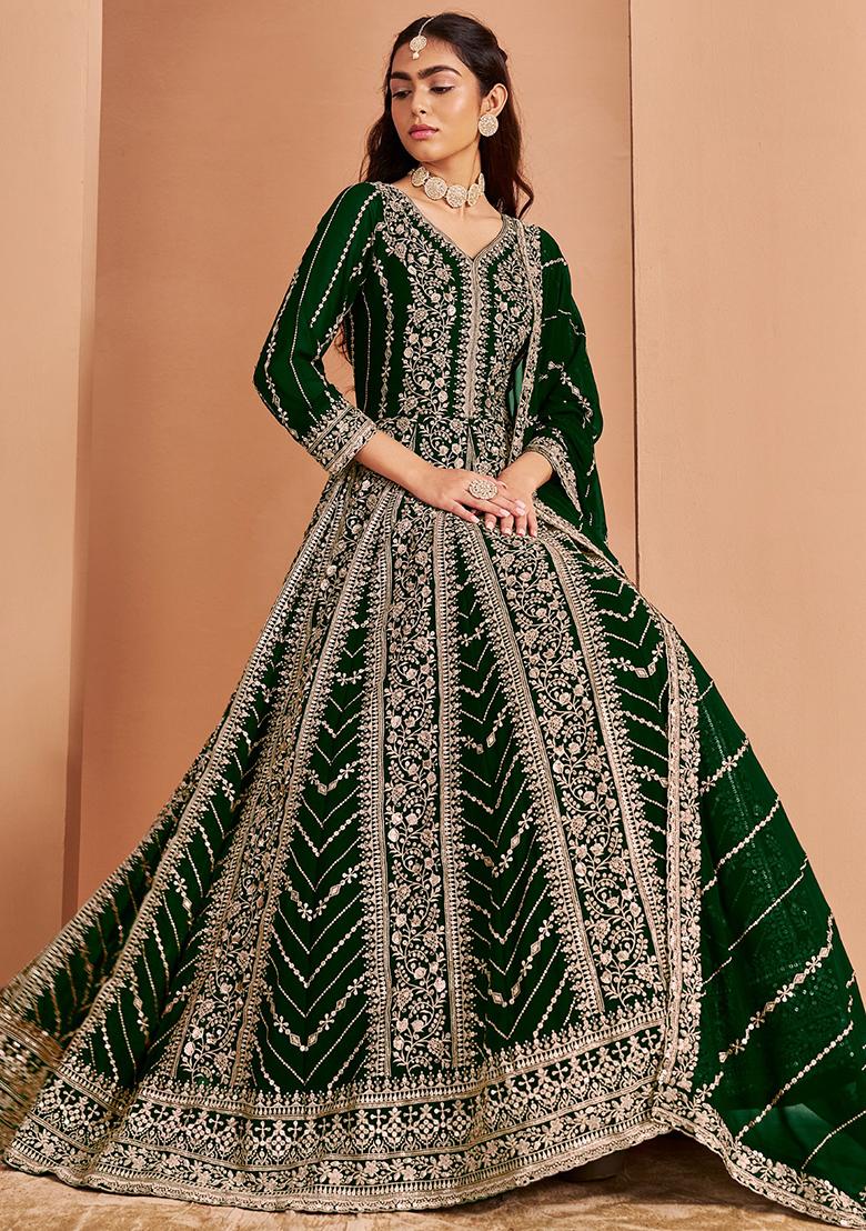 Green Embroidered Faux Georgette Kurta With Dupatta