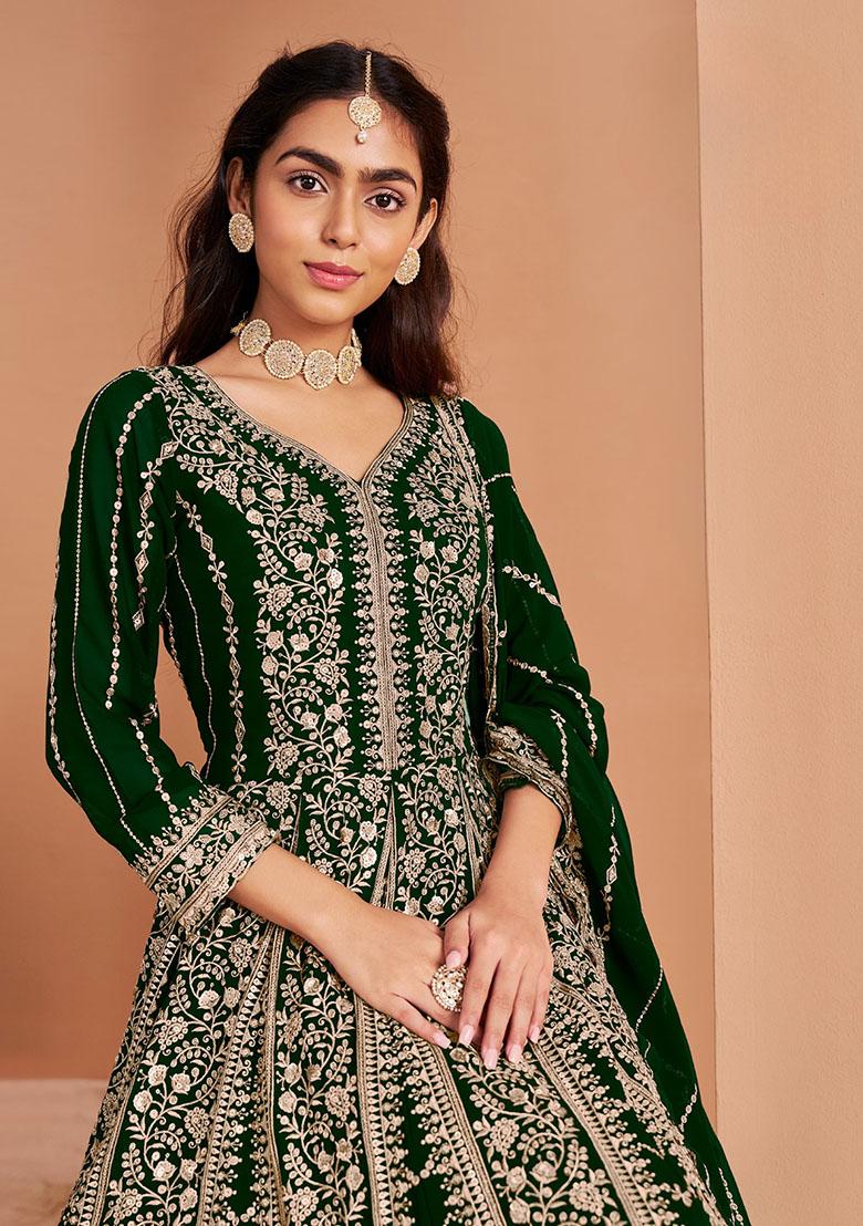 Green Embroidered Faux Georgette Kurta With Dupatta