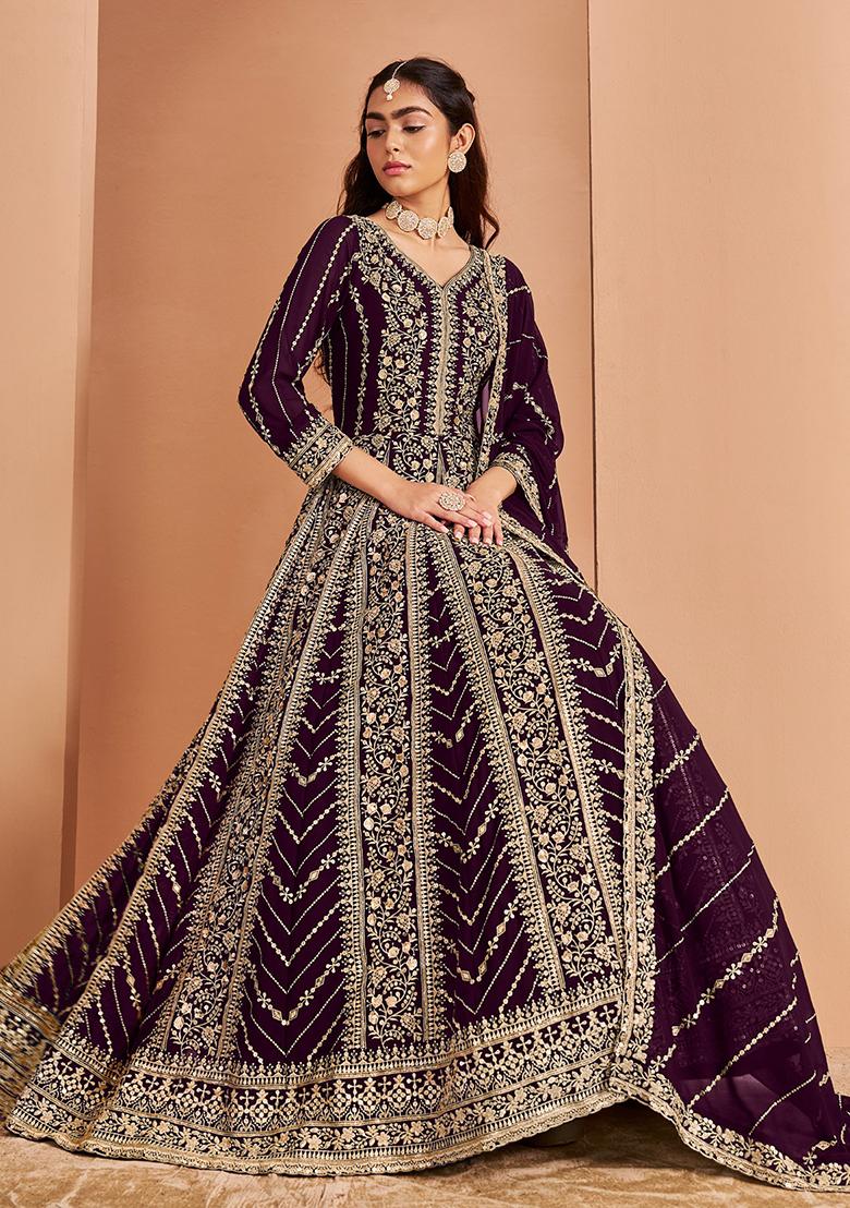 Purple Embroidered Faux Georgette Kurta With Dupatta