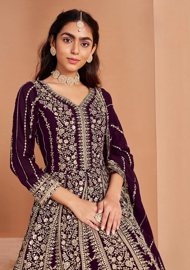 Purple Embroidered Faux Georgette Kurta With Dupatta