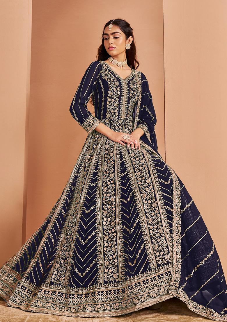 Navy Blue Embroidered Faux Georgette Kurta With Dupatta
