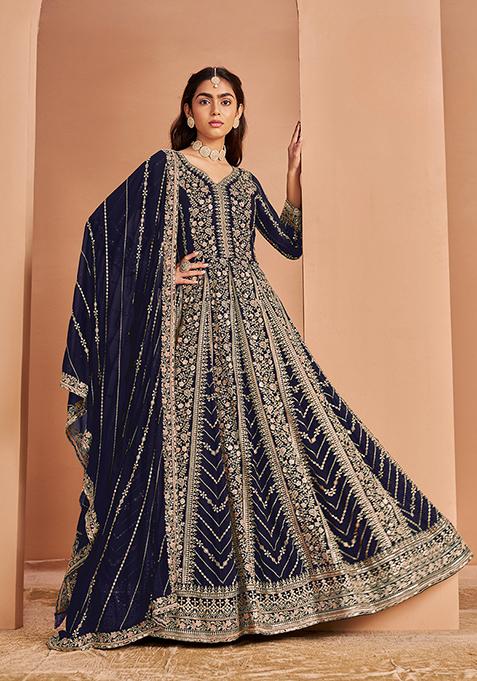 Navy Blue Embroidered Faux Georgette Kurta With Dupatta