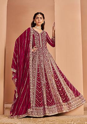 Dark Pink Embroidered Faux Georgette Kurta With Dupatta