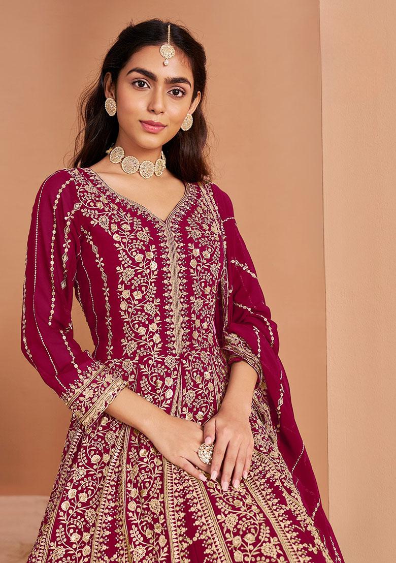 Dark Pink Embroidered Faux Georgette Kurta With Dupatta