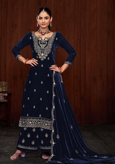 Blue Embroidered Velvet Kurta Set