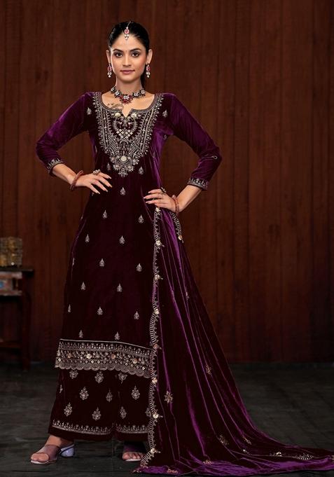 Purple Embroidered Velvet Kurta Set