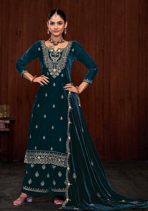 Rama Blue Embroidered Velvet Kurta Set