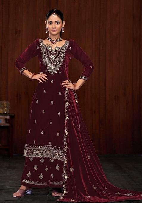 Maroon Embroidered Velvet Kurta Set With Dupatta