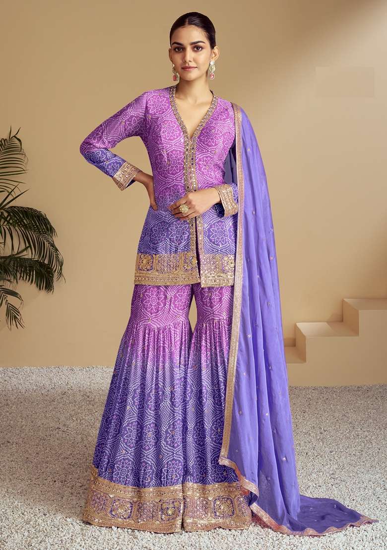 Violet Embroidered Chinon Sharara Set - Indya