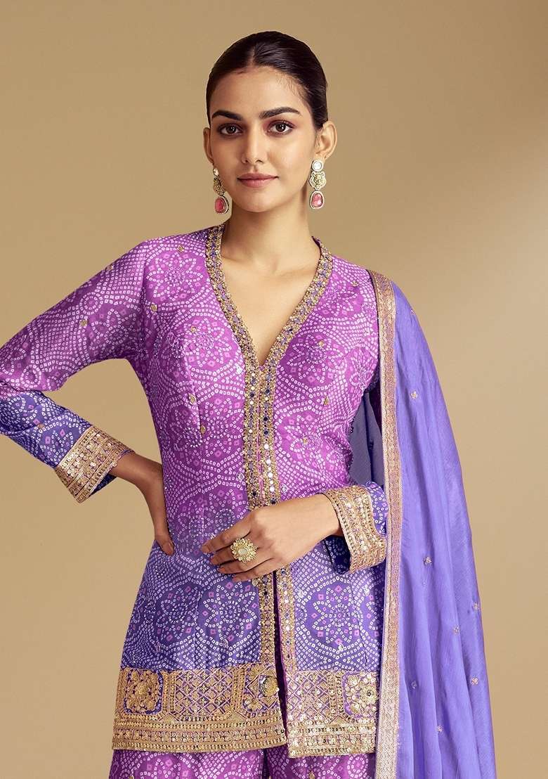 Violet Embroidered Chinon Sharara Set - Indya
