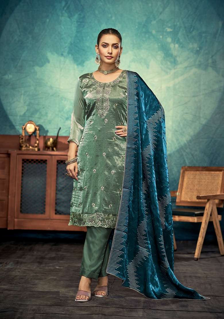 Sky Blue Embroidered Silk Straight Kurta Set - Indya