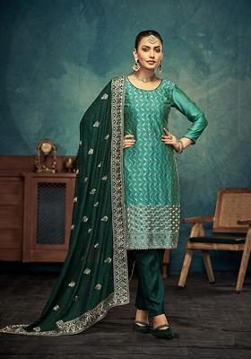 Green Embroidered Vichitra Kurta Set