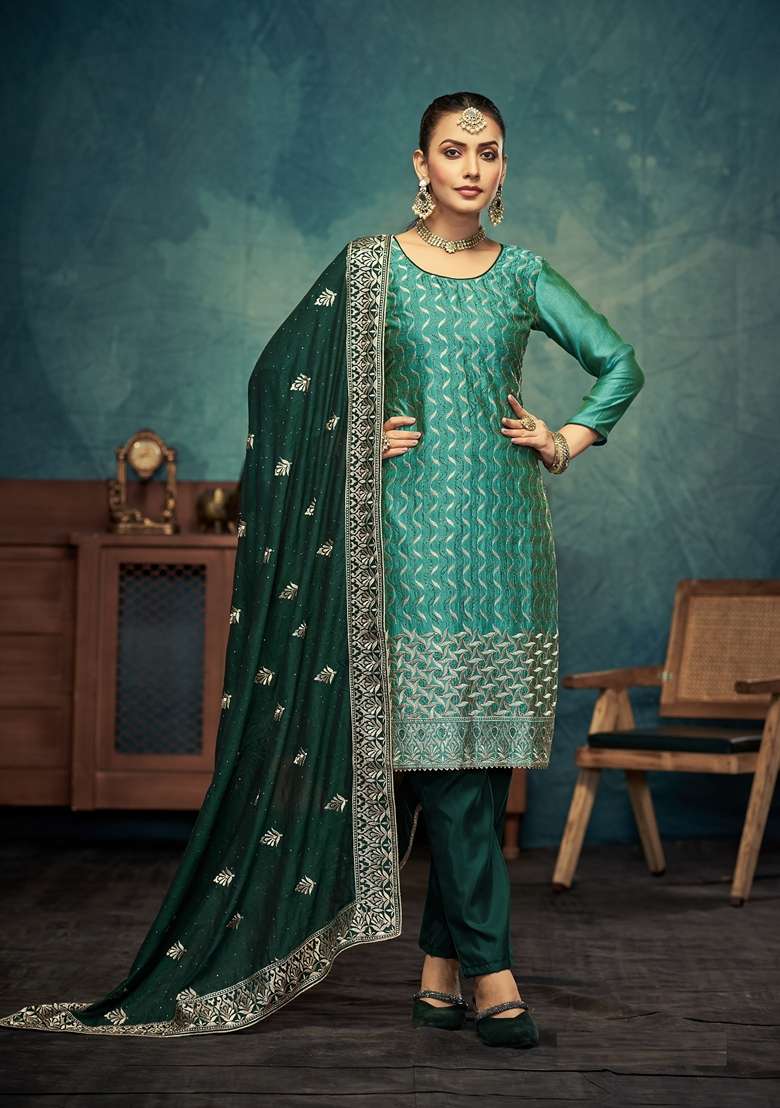 Green Embroidered Vichitra Pakistani Suit Set - Indya