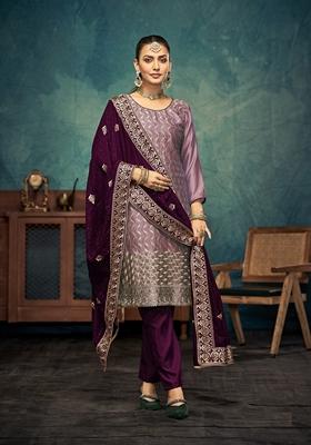 Purple Embroidered Vichitra Kurta Set