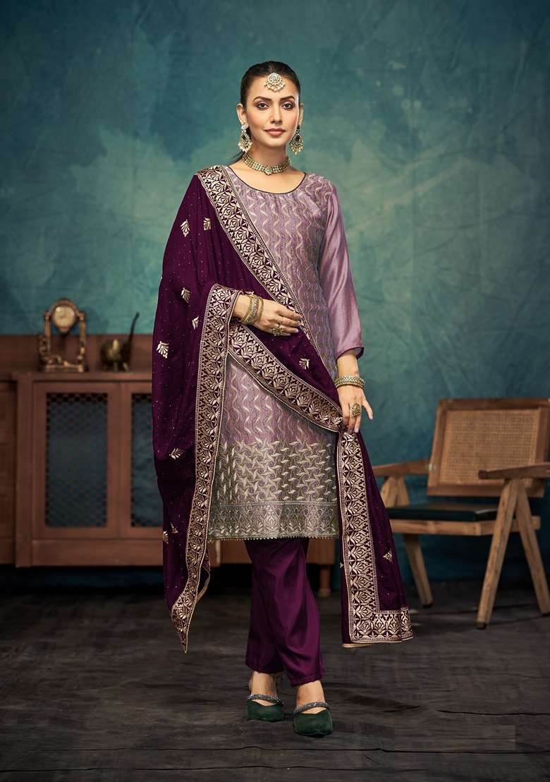 Purple Embroidered Vichitra Pakistani Suit Set - Indya