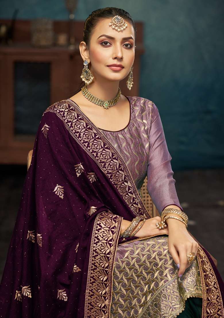 Purple Embroidered Vichitra Pakistani Suit Set - Indya