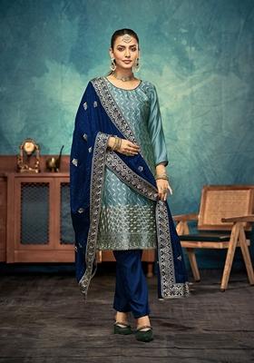 Sky Blue Embroidered Vichitra Kurta Set