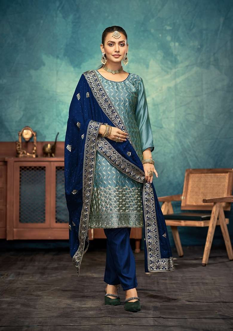 Sky Blue Jacquard Vichitra Pakistani Suit Set - Indya