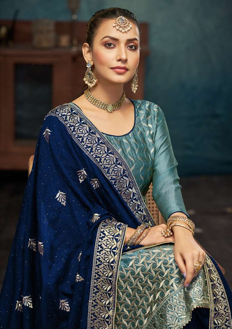 Sky Blue Jacquard Vichitra Pakistani Suit Set - Indya