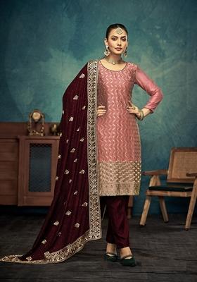 Orange Embroidered Vichitra Kurta Set