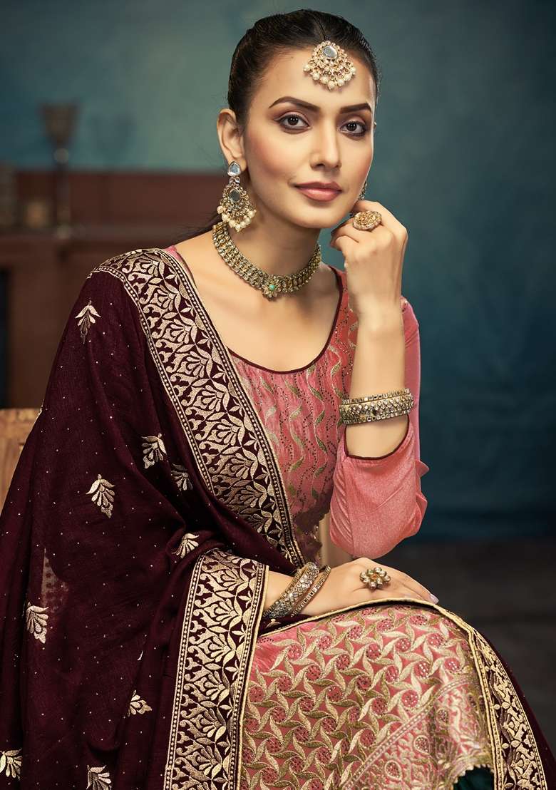 Orange Embroidered Vichitra Pakistani Suit Set - Indya