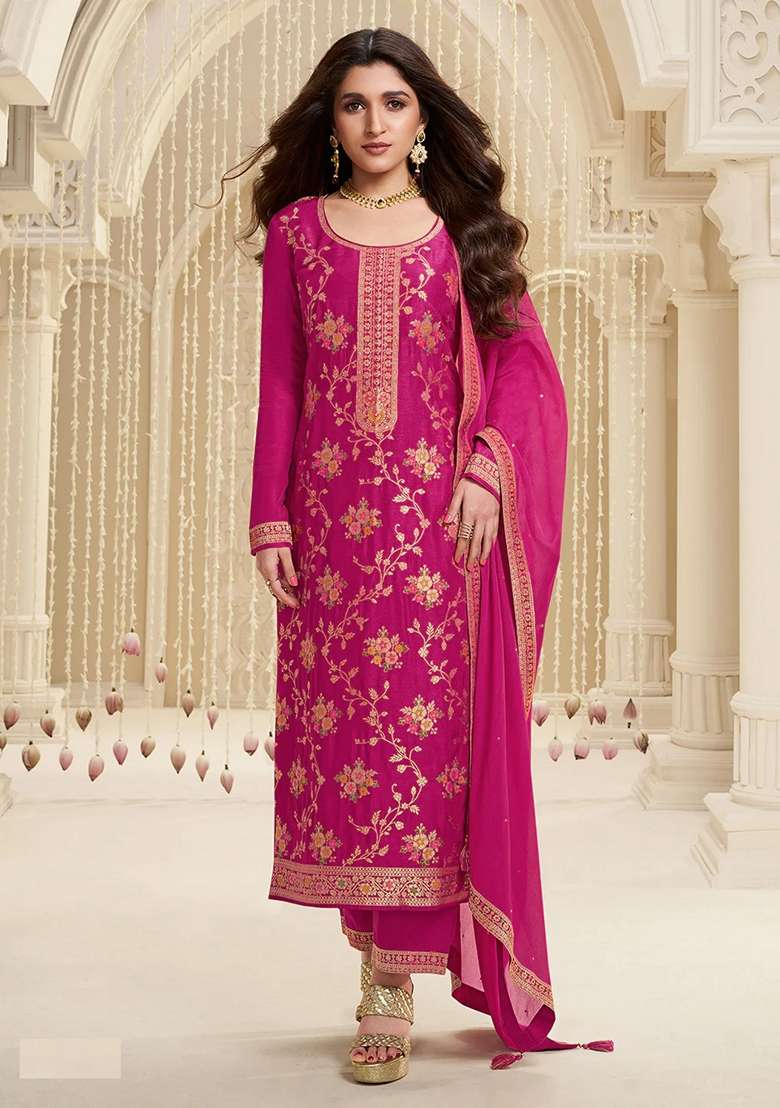 Pink Embroidered Viscose Pakistani Suit Set - Indya