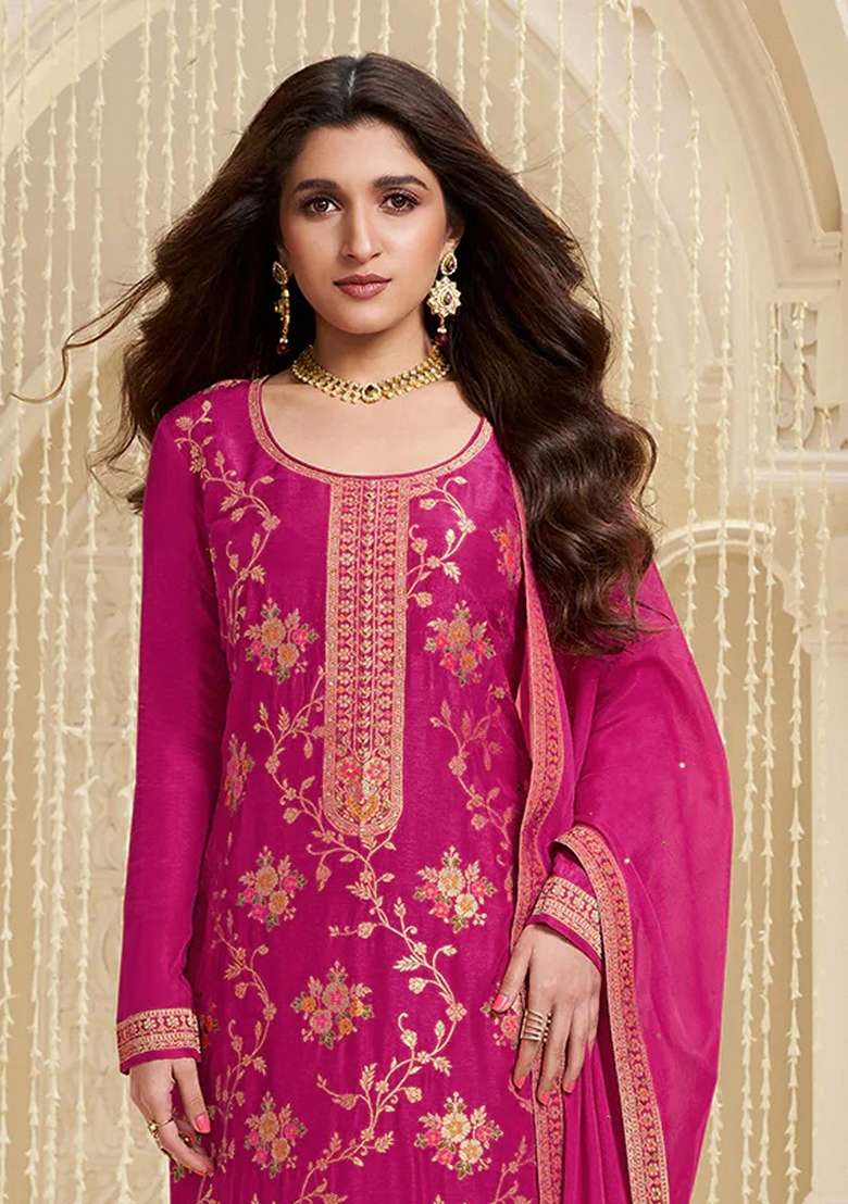 Pink Embroidered Viscose Pakistani Suit Set - Indya