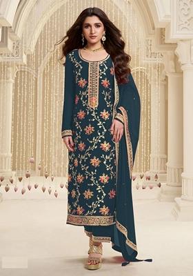 Dark Grey Embroidered Viscose Kurta Set